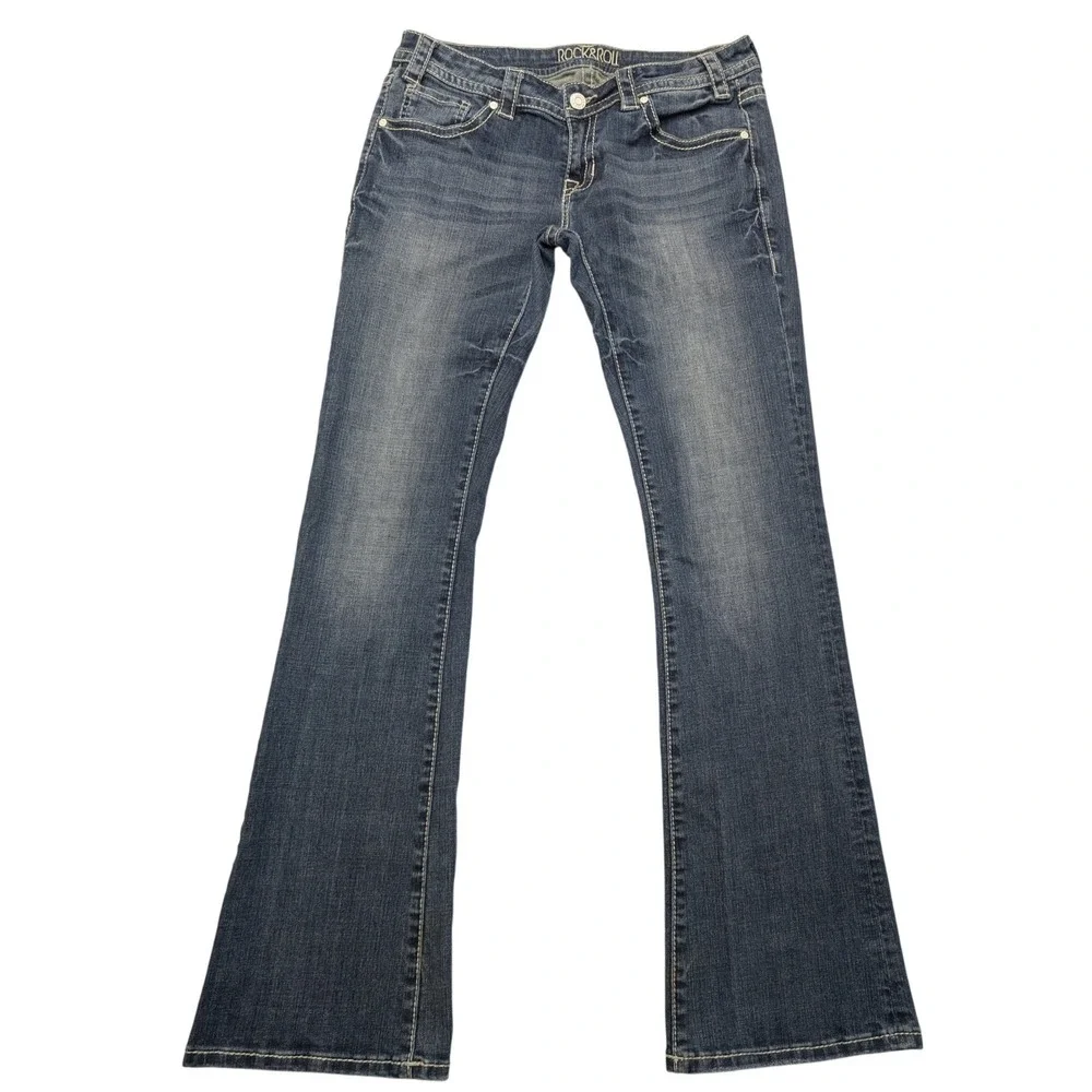 Rock & Roll Cowgirl Bootcut Jeans Women(32X33) Dark Wash‎ Blue Embroidered
